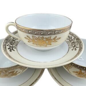 Noritake Mystery Pattern Gold Hibiscus Teacups & Saucers White & Cream